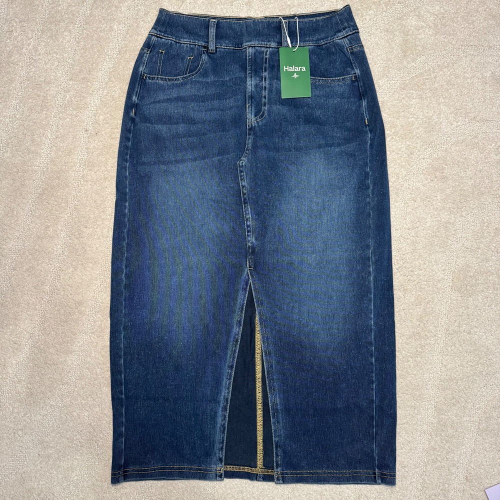 NWT Halara Denim Skirt High Waisted Front Slit Medium Wash Blue Womens SMALL